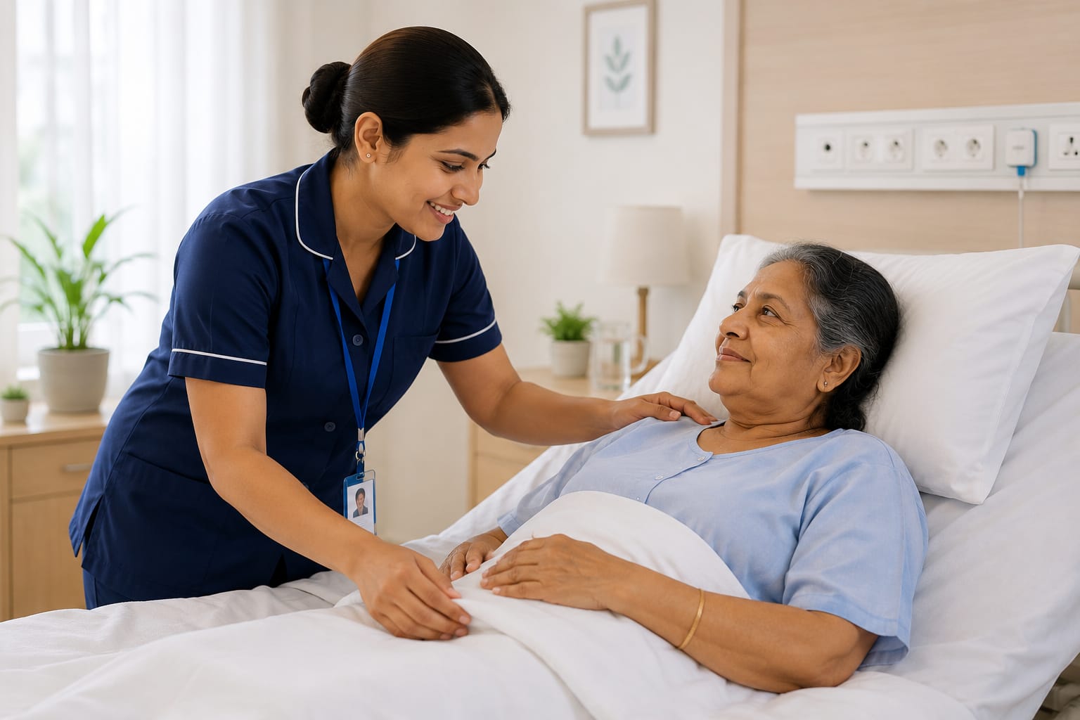 Qualified Indian nurse monitoring a patient's vitals at home